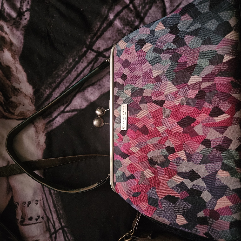 Red and Pink Geometric Shoulder Bag with Metal Frame